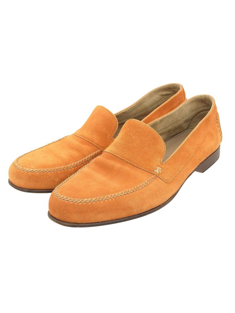 Hermes Suede Leather H Logo Stitch Vamp Loafers Orange